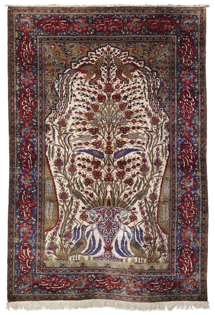 A SILK KASHAN 'MOHTASHAM' PRAYER RUG