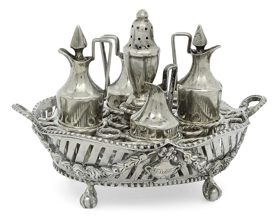 A DUTCH SILVER MINIATURE TOY CRUET , STAMPED IO AND WITH A CROWNED