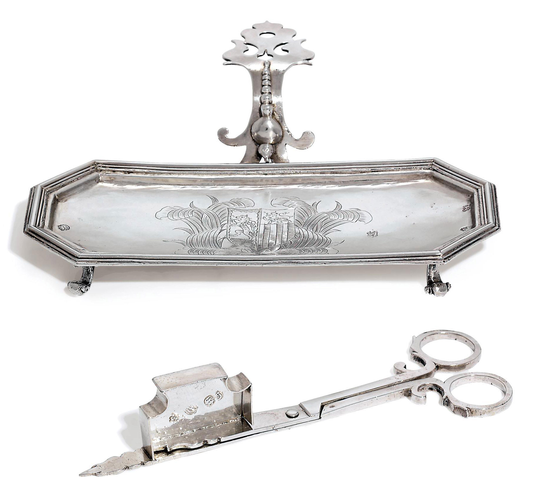 A CHARLES II SILVER SNUFFERSTAND AND A PAIR OF SCISSORSNUFFERS