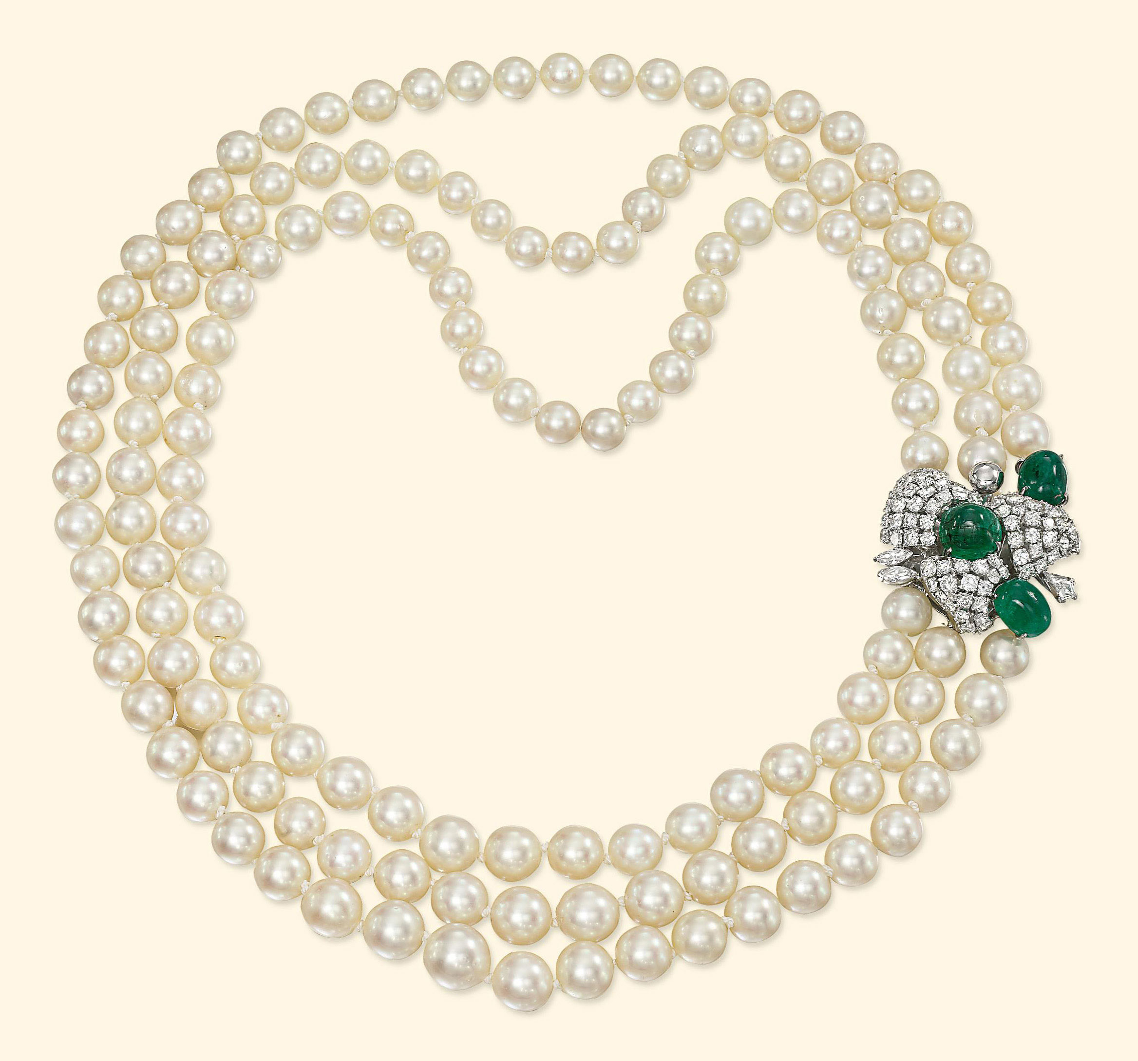 A CULTURED PEARL, EMERALD AND DIAMOND NECKLACE | Christie's