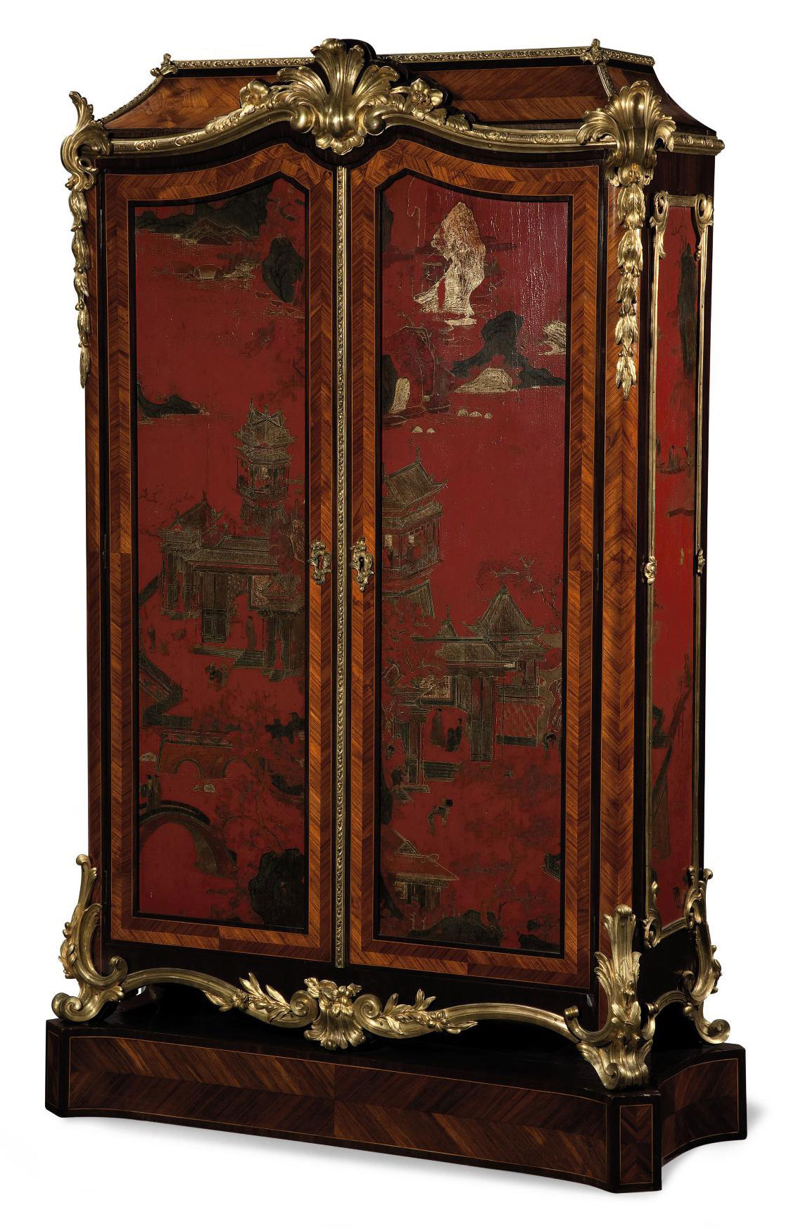 A Napoleon Iii Ormolu Mounted Red Lacquer Tulipwood And Amaranth