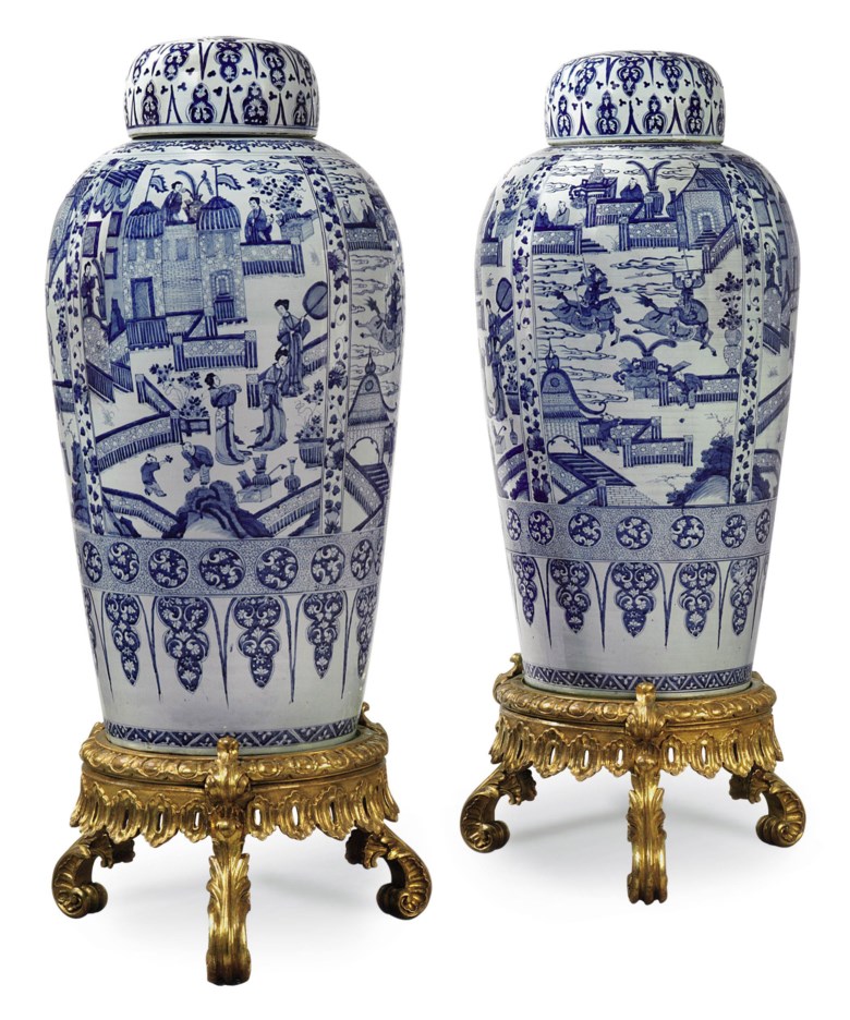 A pair of Chinese blue and white ‘soldier’ vases and covers, Kangxi period (1662-1722). Height 40¼  in (102.5  cm). Sold for £109,250 on 4 November 2010 at Christie’s in London