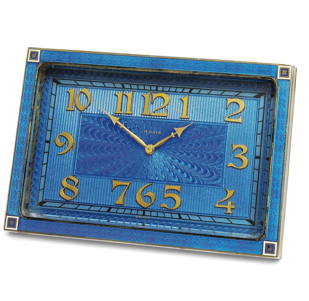 A SWISS GUILLOCHE ENAMEL DESK CLOCK