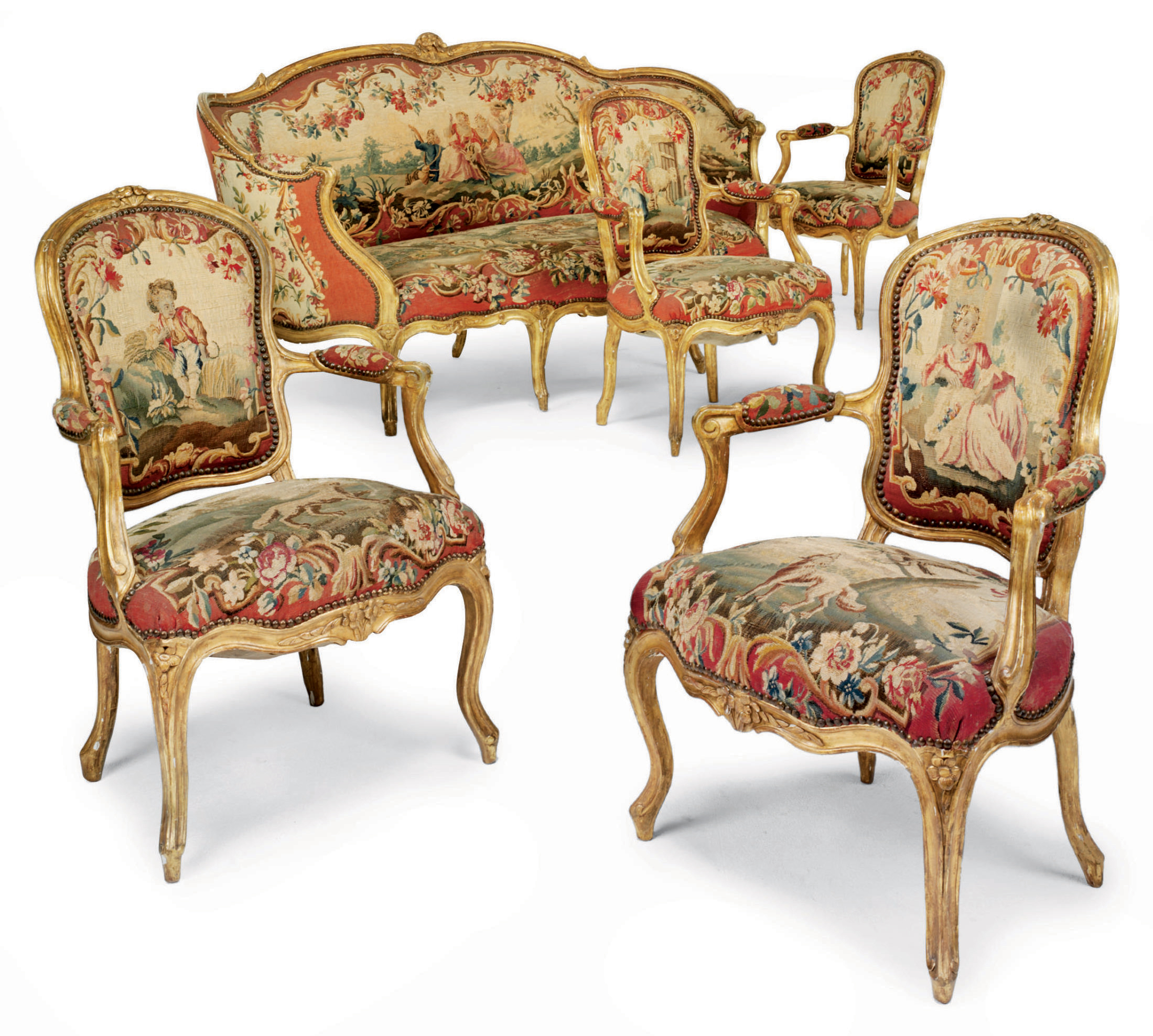 A SUITE OF LOUIS XV GILTWOOD AND AUBUSSON TAPESTRY SEAT FURNITURE