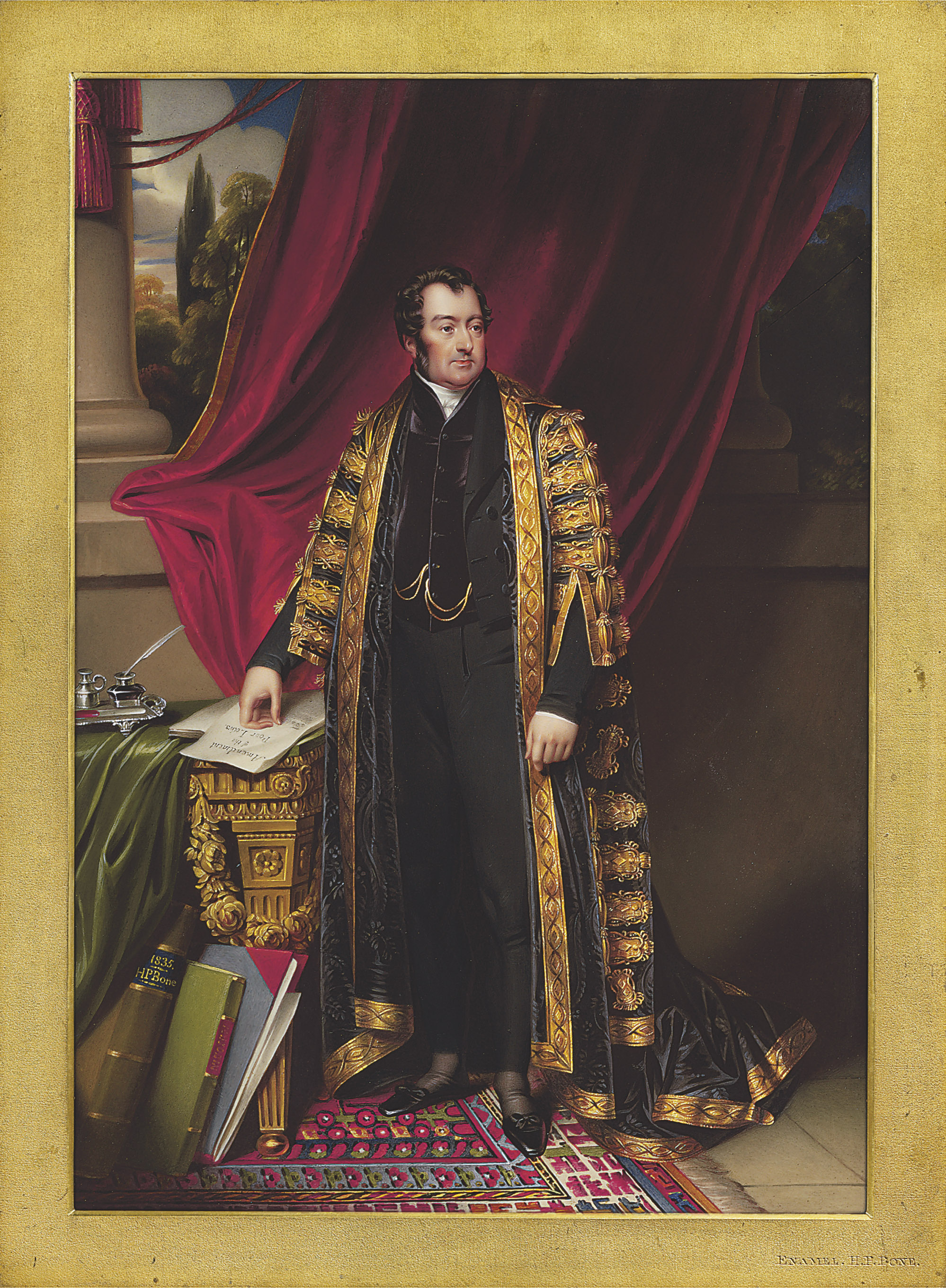 Henry Pierce Bone (1779-1855), John Charles Spencer, Viscount Althorp, 3rd Earl Spencer (1782-1845), as Chancellor of the Exchequer, full length in Chancellor&rsquo;s robes. Sold for &pound;51,650 on 8 July 2010 at Christie&rsquo;s in London