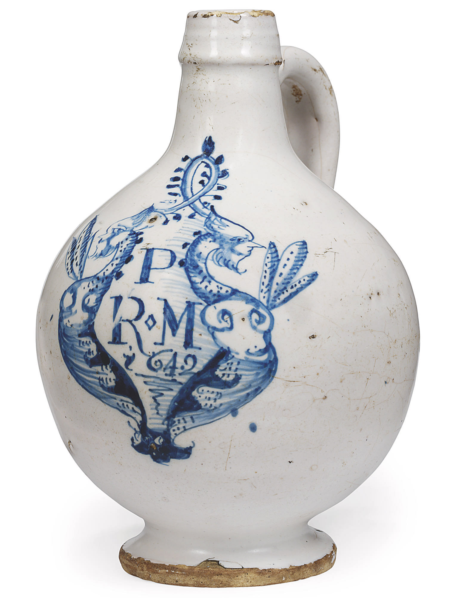 AN LONDON DELFT DATED BLUE AND WHITE WINE-BOTTLE , 1642, PROBABLY