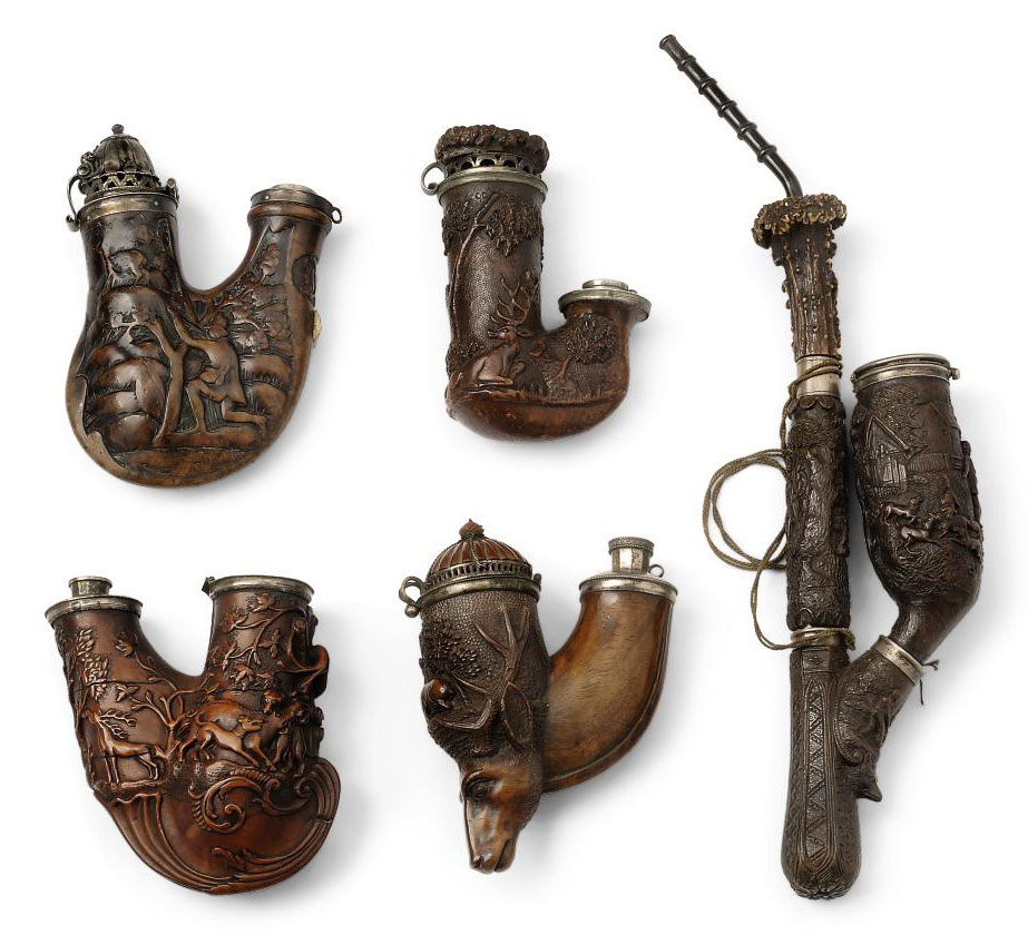 FIVE CONTINENTAL CARVED WOOD AND SILVERPLATED MOUNTED