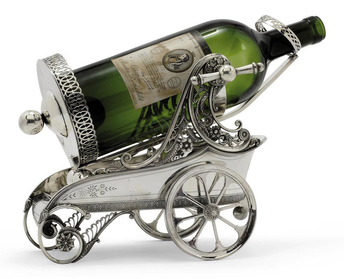 A LARGE AMERICAN ELECTROPLATED JEROBOAM WINE BOTTLE CHARIOT