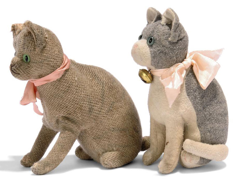 A Steiff Seated Cat 3217 Tabby Burlap Plush Green And Black