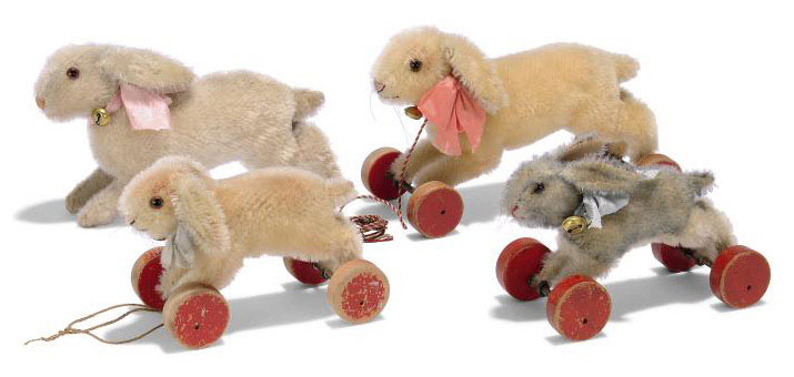 Four Steiff Running Rabbits Three On Wheels One White