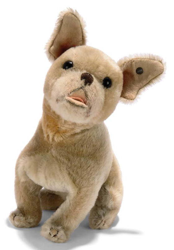 A STEIFF MINIATURE SEATED BULLY, (3407), brown and white velvet