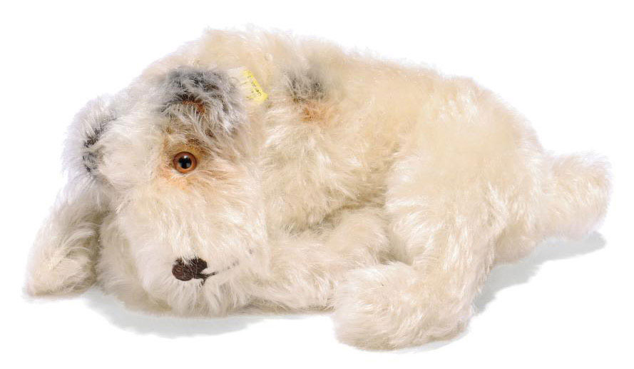 A Steiff Lying Fox Fox Terrier 2322 2 White Mohair With Brown And Black Spots Brown