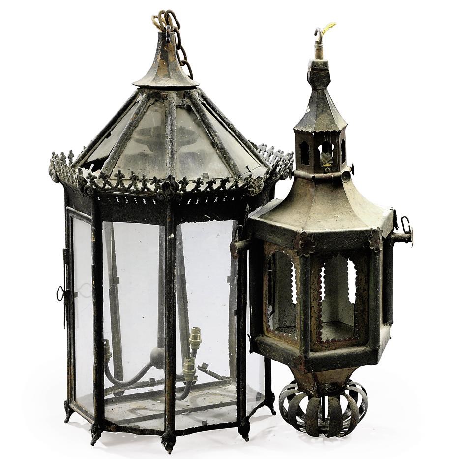 A REGENCY PAINTED OCTAGONAL LANTERN AND A PAINTED HEXAGONAL EXAMPLE