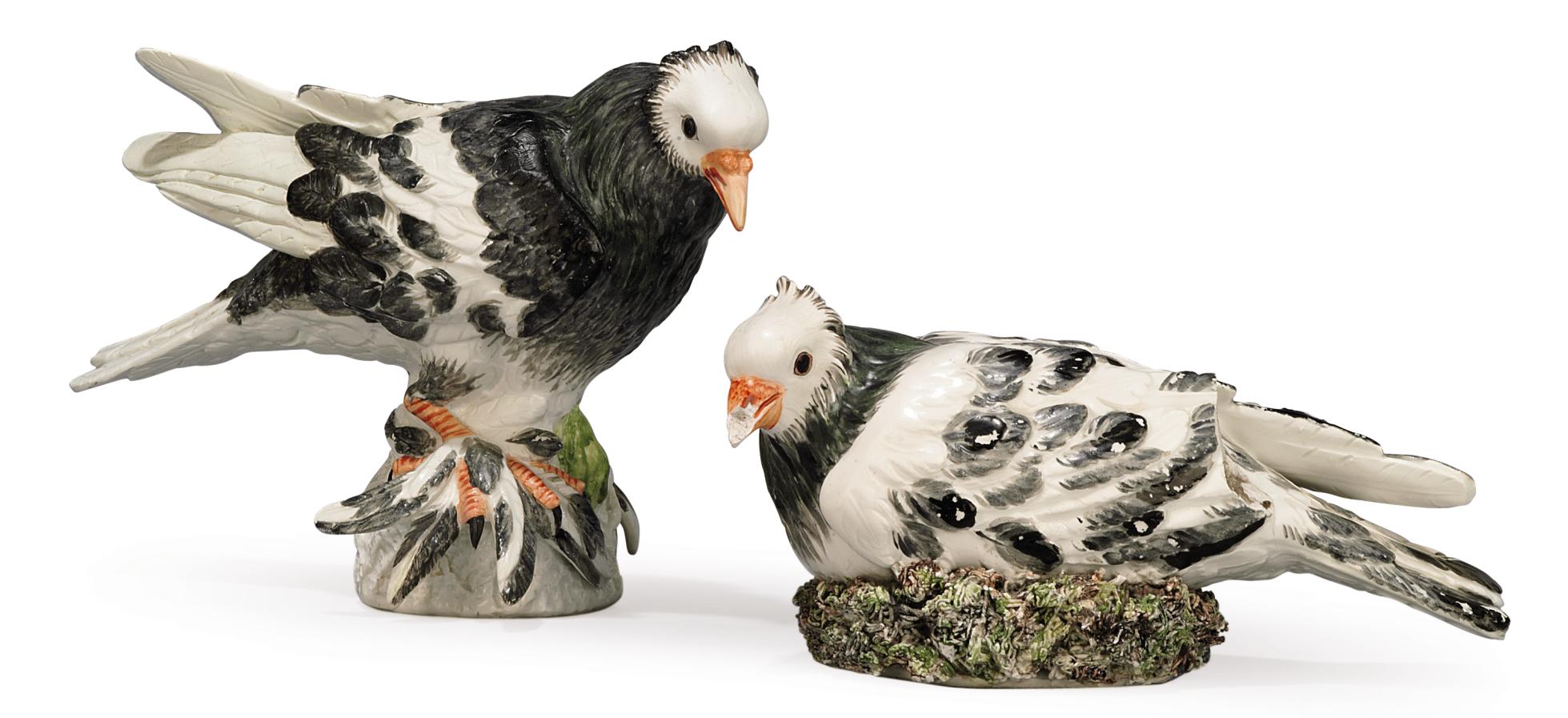 A Pair Of Meissen Models Of A Cock And Hen Pigeon