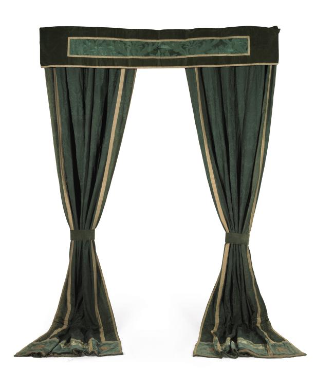 A SUITE OF BOTTLE GREEN DAMASK CURTAINS , CIRCA 1910 Christie's