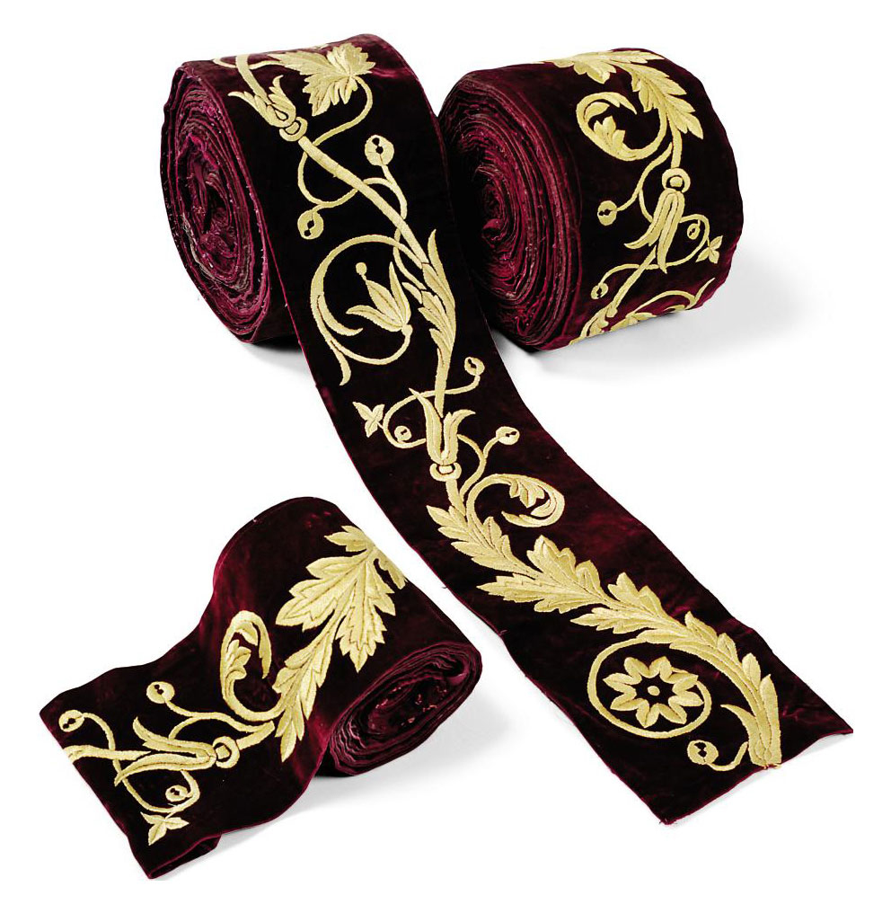 SIX SILK EMBROIDERED MAGENTA VELVET BORDERS , CIRCA 1880 