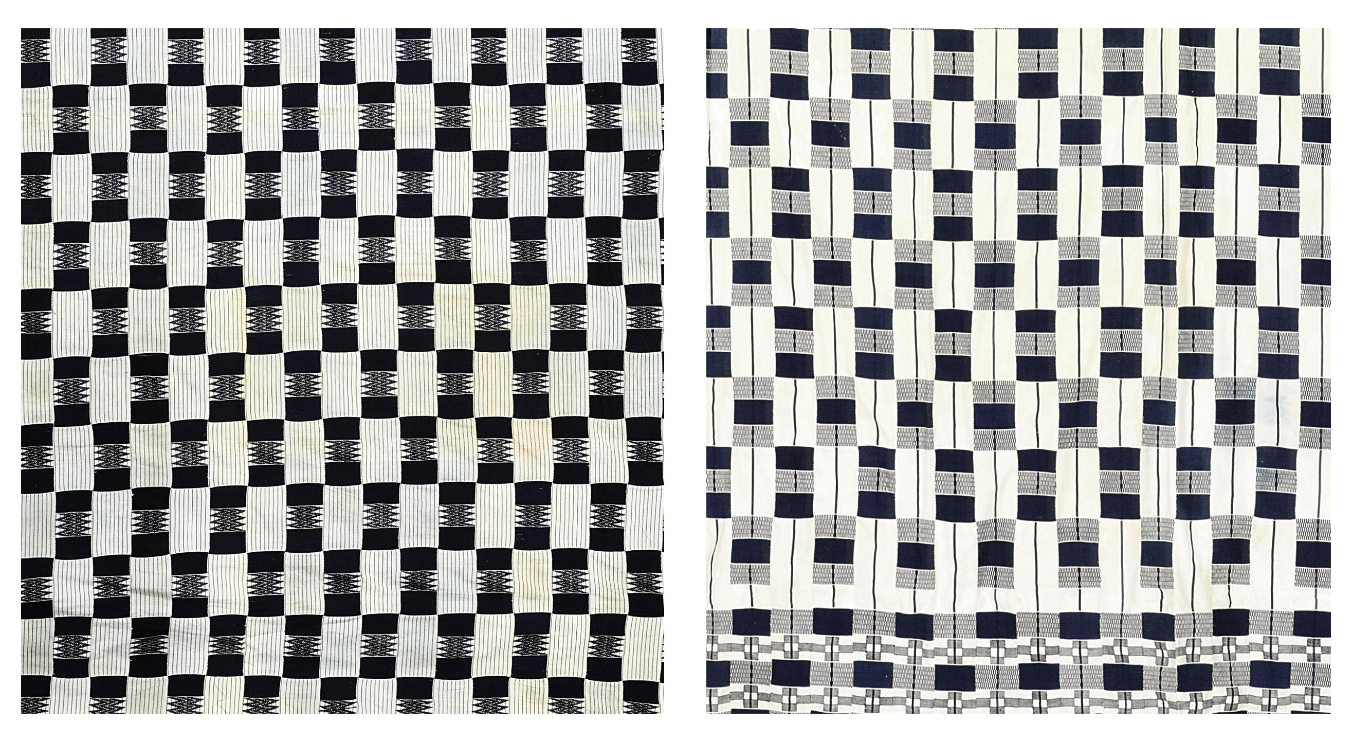 Three Indigo And White Cotton Kente Cloths Ghana Mid 20th