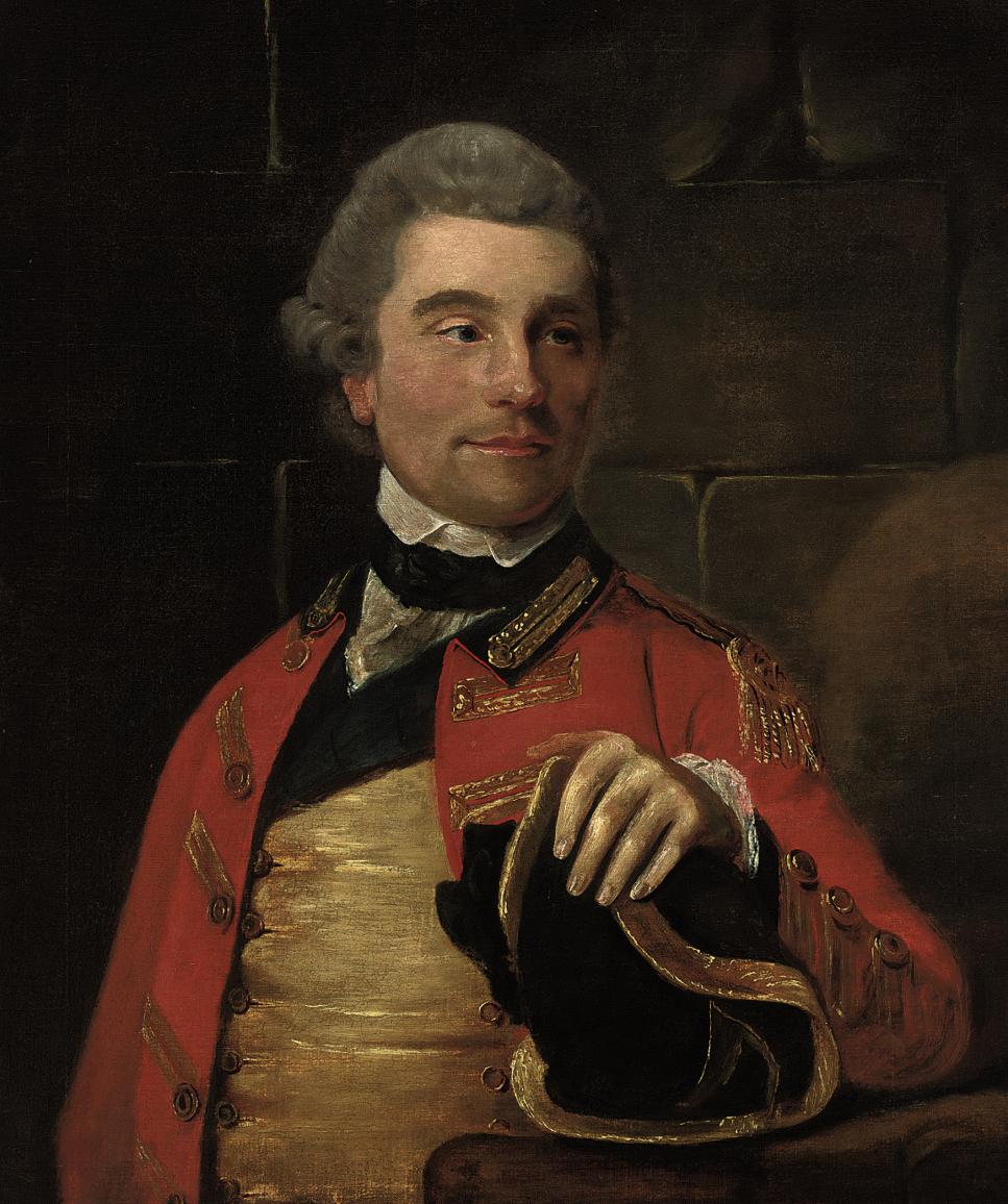 Portrait of a gentleman, bust-length, in military uniform, a tricorn hat in his left hand resting on a ledge
