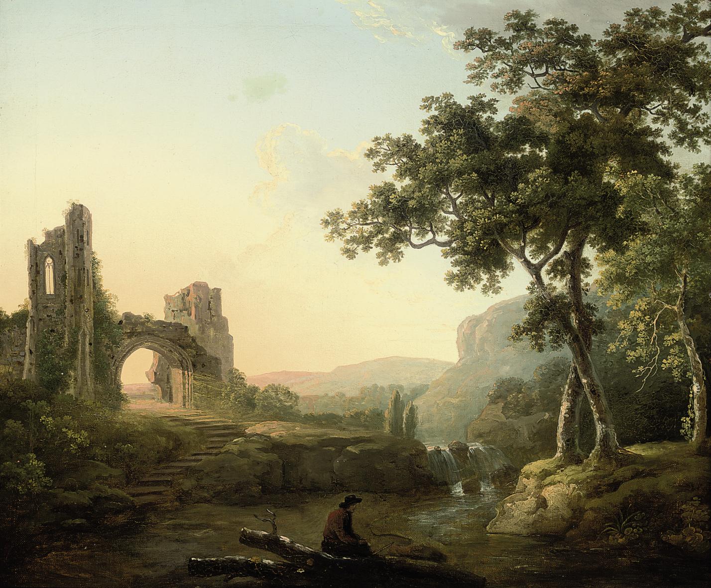 A wooded river landscape with a man and his dog by a waterfall, ruins beyond
