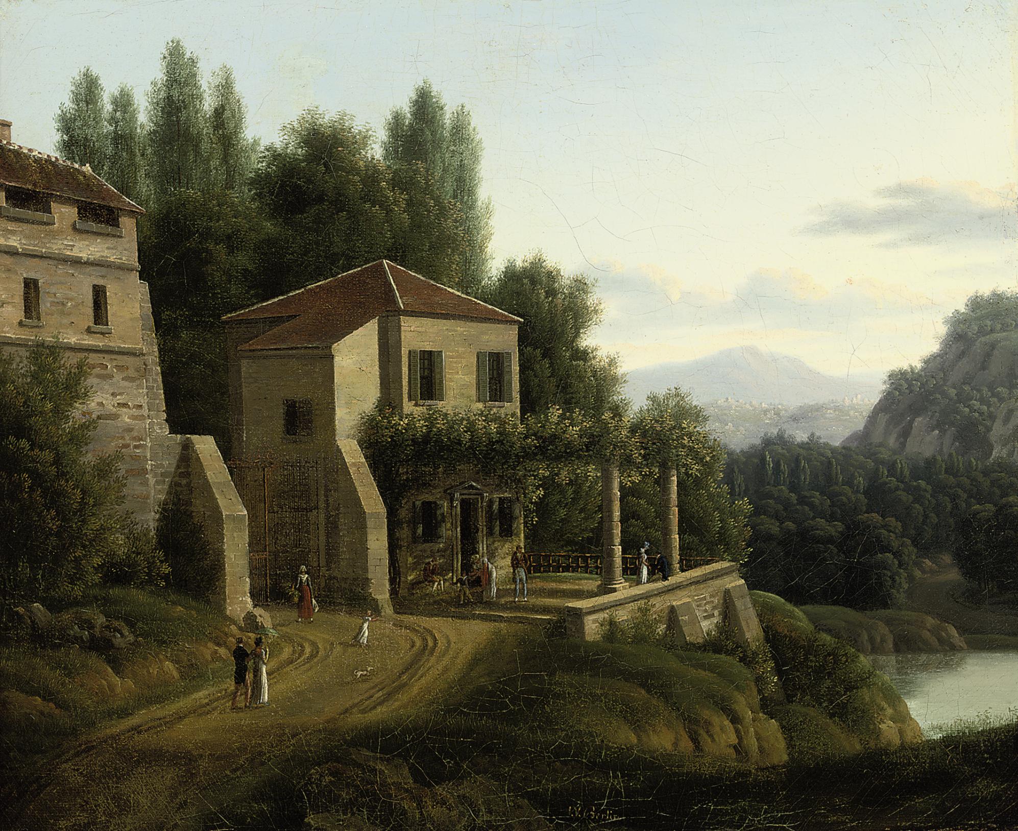 JeanVictor Bertin (Paris 17671842) , An Italianate river landscape with elegant company before
