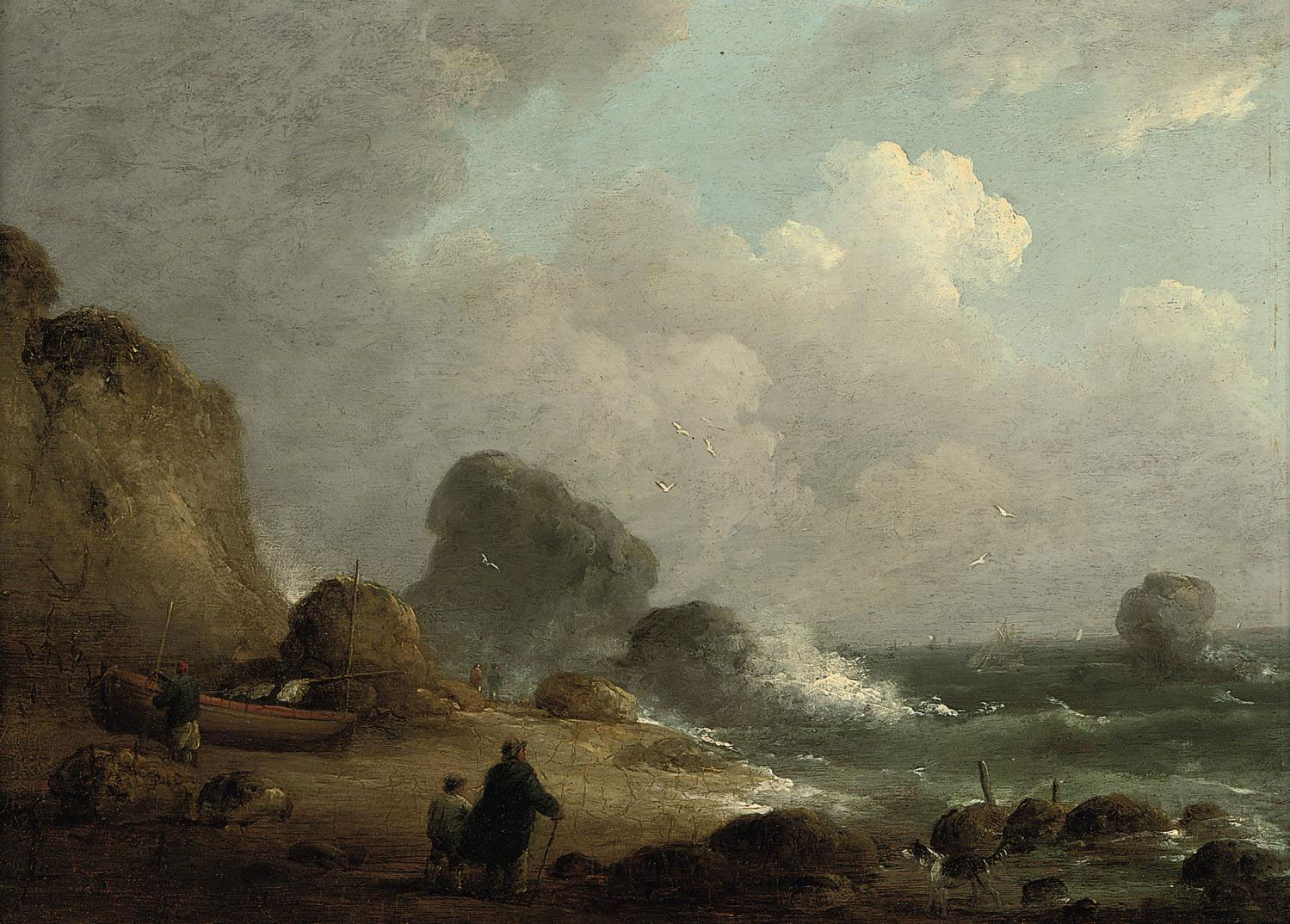 Figures on a beach, boats beyond 
