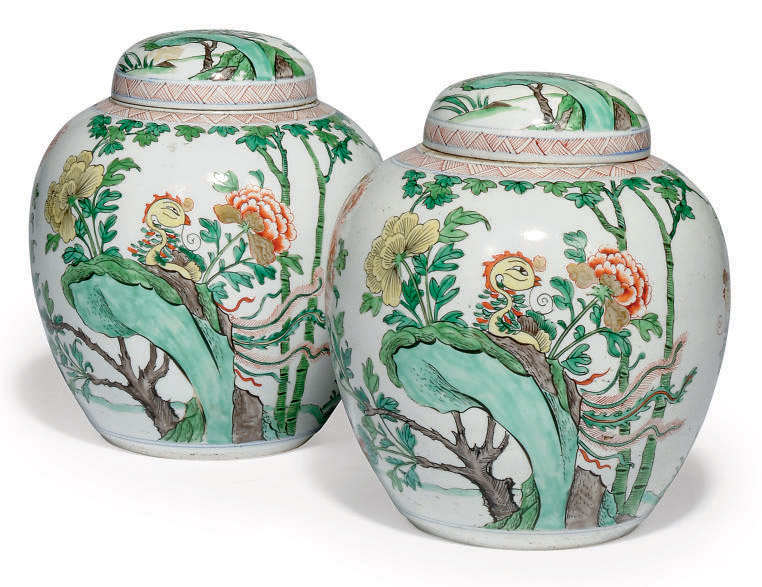 A Pair Of Chinese Style Famille Verte Jars And Covers