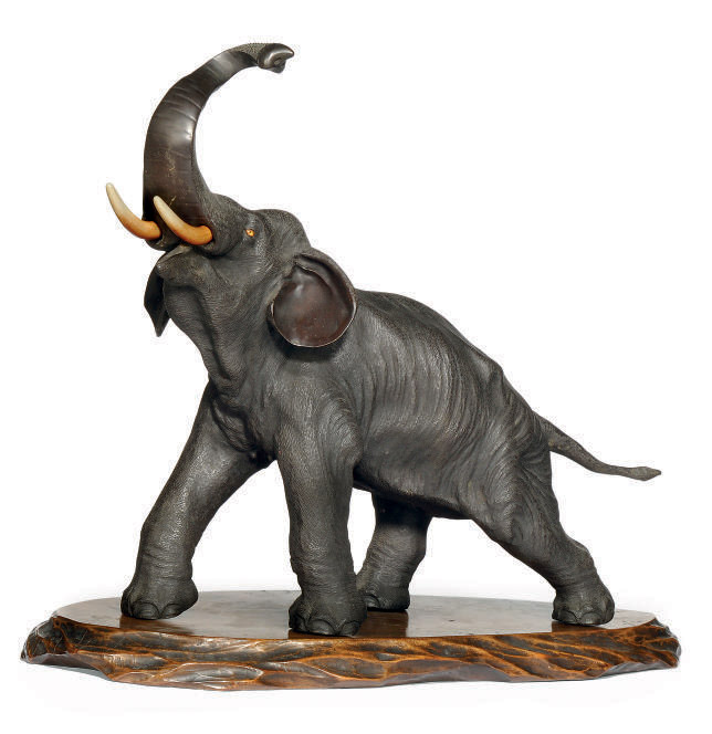 A LARGE JAPANESE BRONZE ELEPHANT, SIGNED , MEIJI PERIOD (18681912
