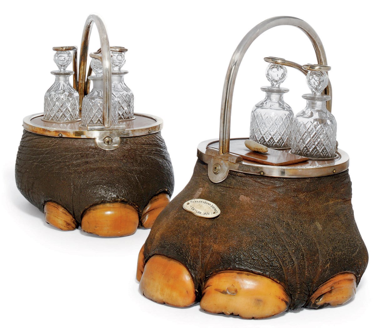 CEYLON INTEREST: A PAIR OF ELEPHANT FEET HUNTING TROPHIES CONVERTED