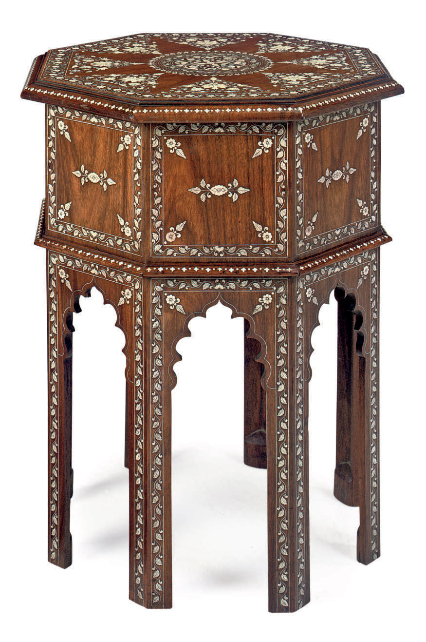 AN INDIAN ROSEWOOD AND IVORY INLAID OCTAGONAL OCCASIONAL TABLLE