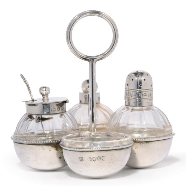 A Silver Glass Cruet Set After A Design By Christopher Dresser