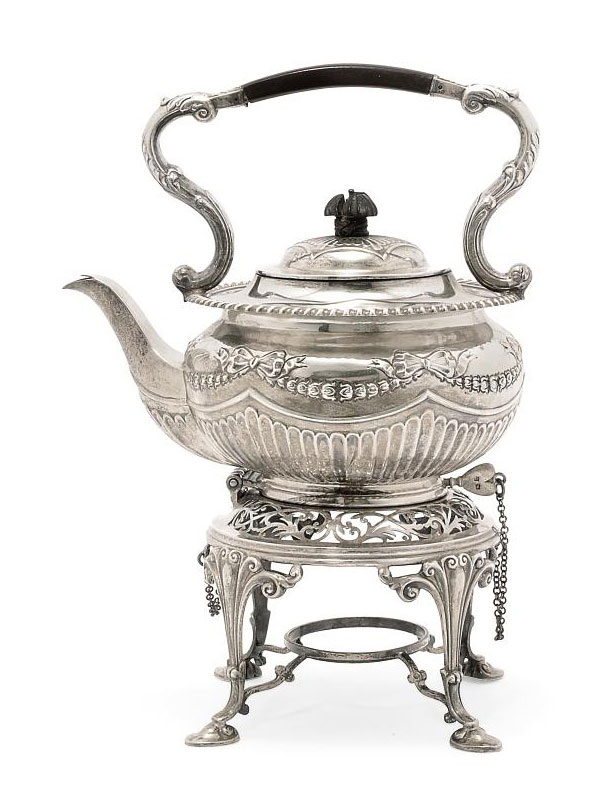 AN EDWARDIAN SILVER KETTLE ON SPIRIT STAND