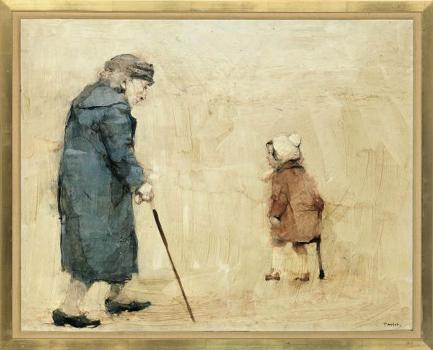 James Taylor B 1930 Old Woman And Little Girl 20th Century