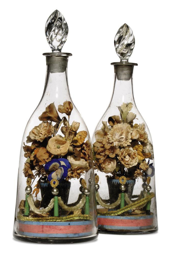 A PAIR OF VICTORIAN NOVELTY FLOWERING VASE SILK AND PAPER COLLAGES IN