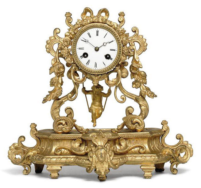 A FRENCH GILTMETAL STRIKING MANTEL CLOCK WITH SWINGING CHERUB PENDULUM