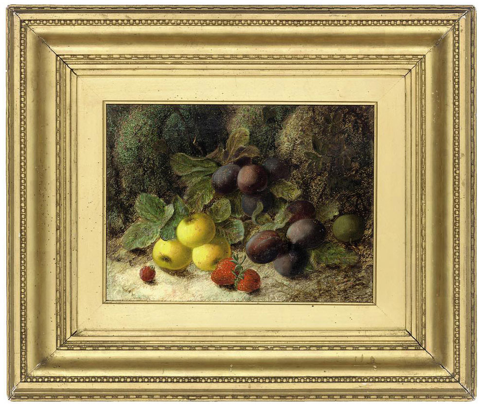 Oliver Clare (18531927) , Plums, apples, strawberries and a raspberry