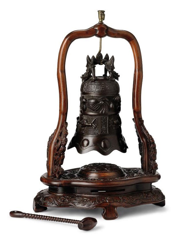 A CHINESE BRONZE BELL WITH WOODEN STAND AND GONG