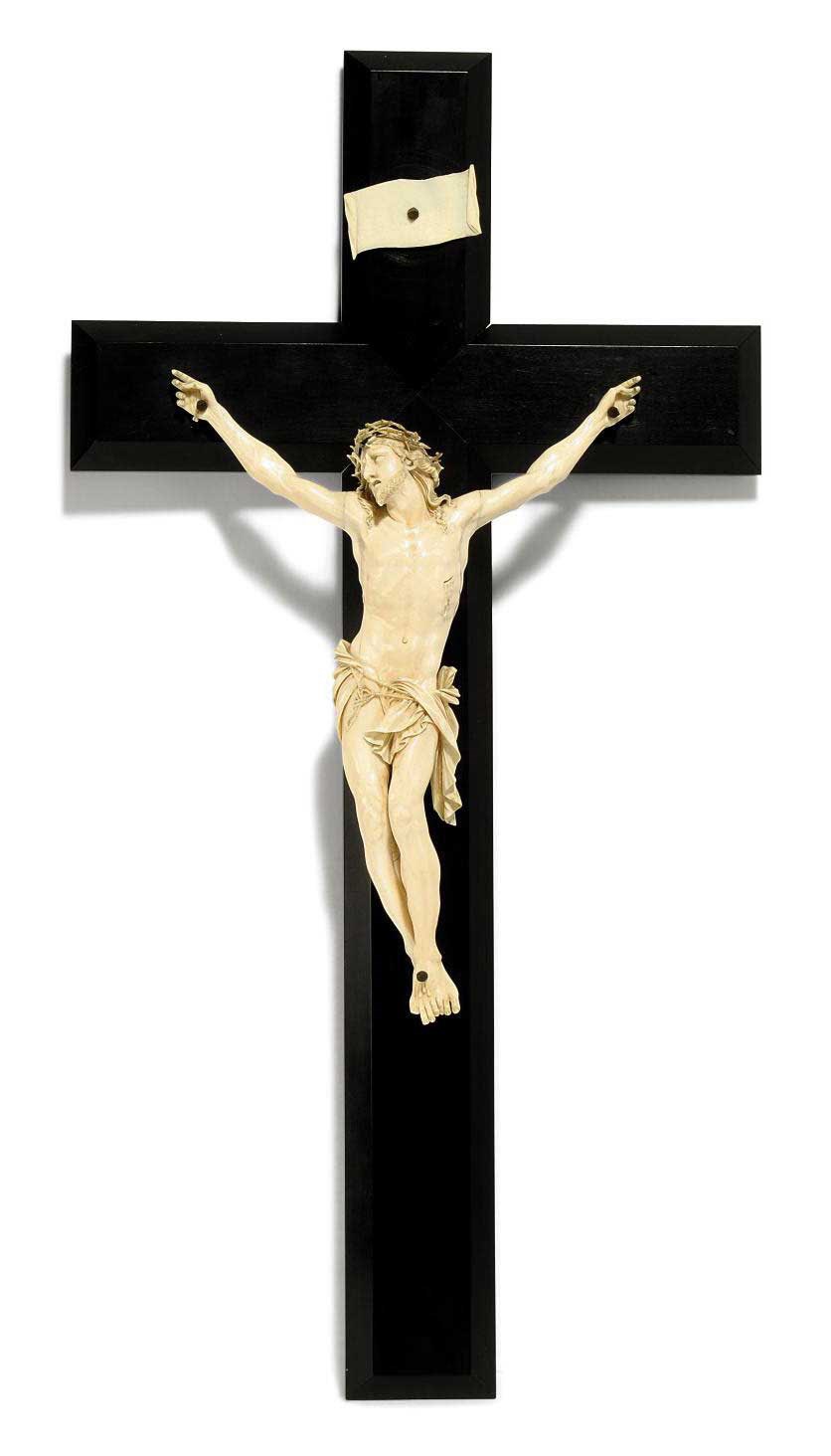 A LARGE HISPANOFLEMISH IVORY CRUCIFIX FIGURE , EARLY 18TH CENTURY