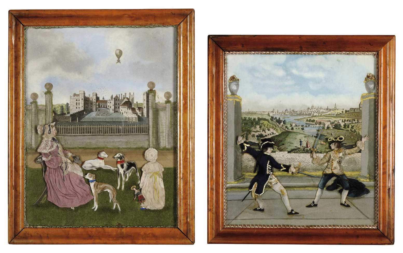 A COLLECTION OF FIVE VICTORIAN COLLAGE PICTURES IN MAPLE FRAMES , MID