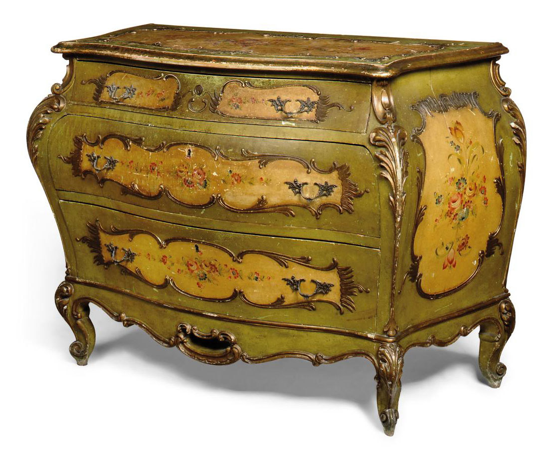 A POLYCHROME DECORATED BOMBE COMMODE , OF STYLE, SECOND HALF