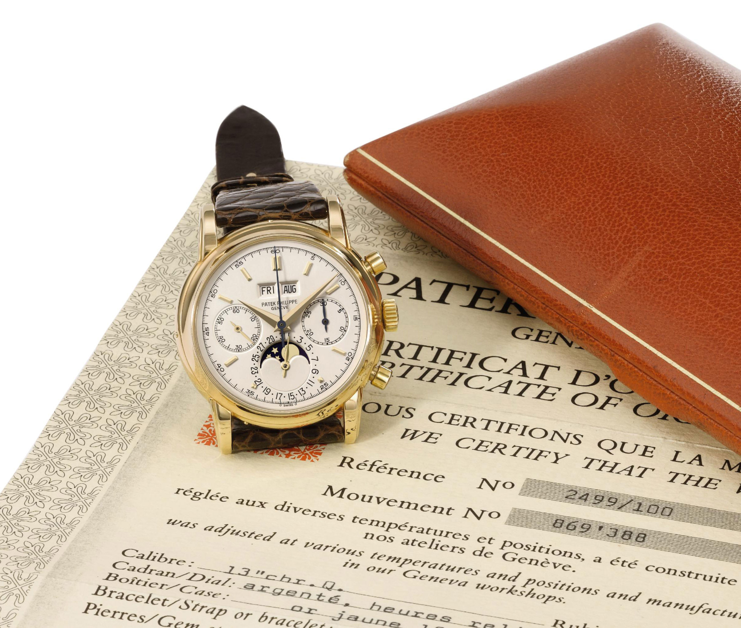 Patek Philippe. A fine and rare 18K gold openface minute repeating perpetual calendar split seconds chronograph keyless lever watch with phases of the moon SIGNED PATEK PHILIPPE GENEVE REF. 658 MOVEME...