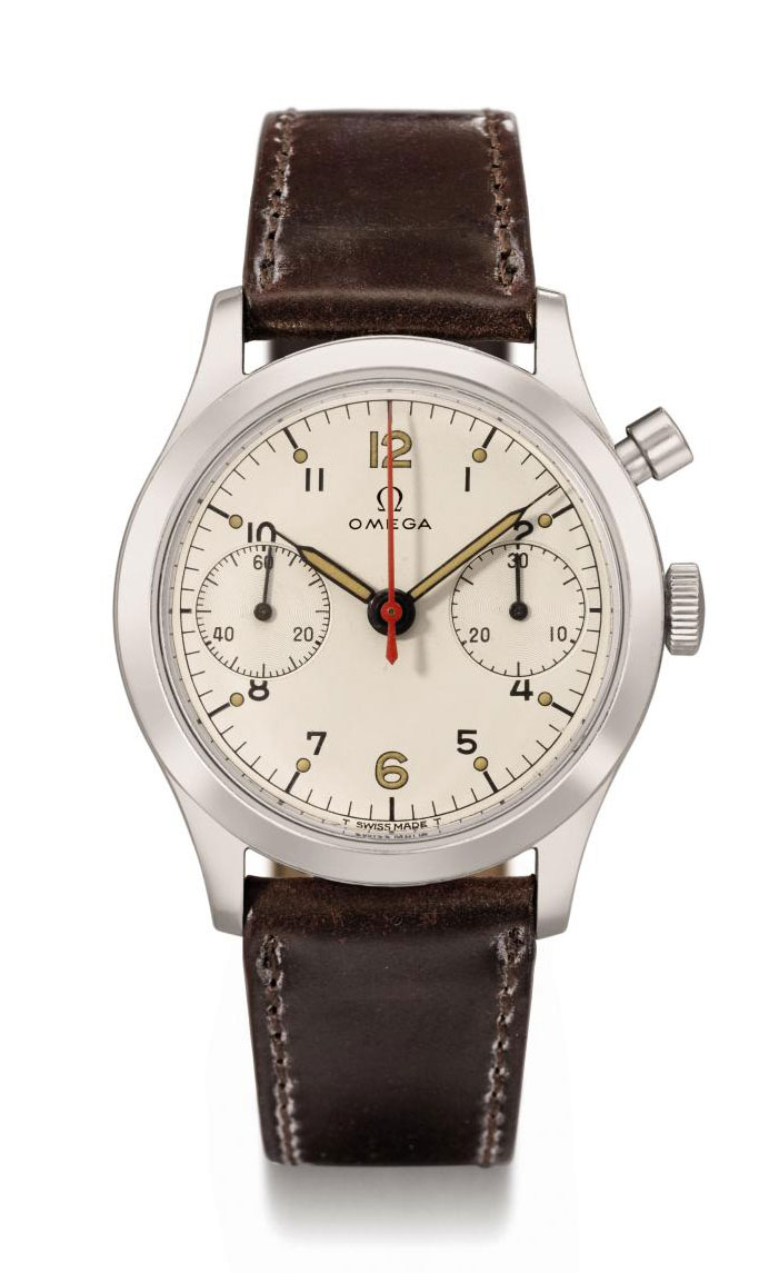 Omega. A rare stainless steel single button chronograph wristwatch with