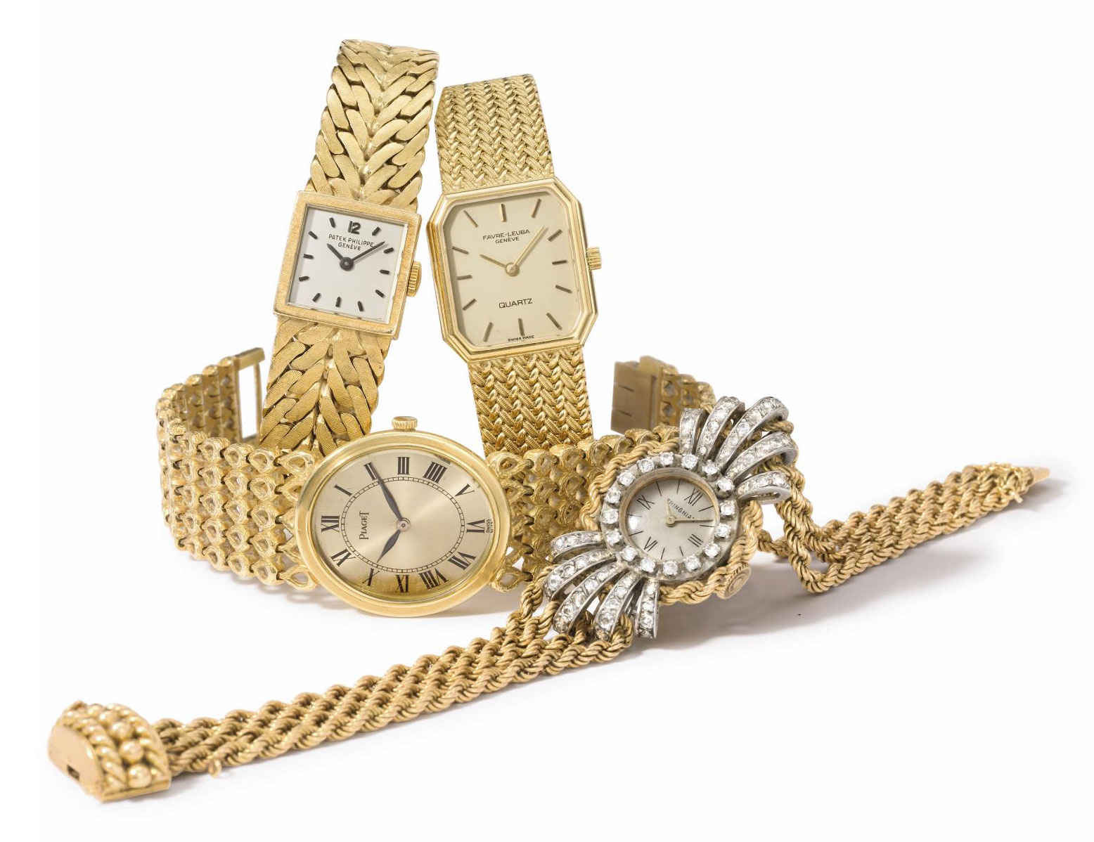 Patek Philippe Piaget Favre Leuba. A lot of three lady s 18K gold wristwatches with bracelets and one lady s 18K gold platinum and diamond set wristwatch with bracelet SIGNED PATEK PHILIPPE GENEVE REF...