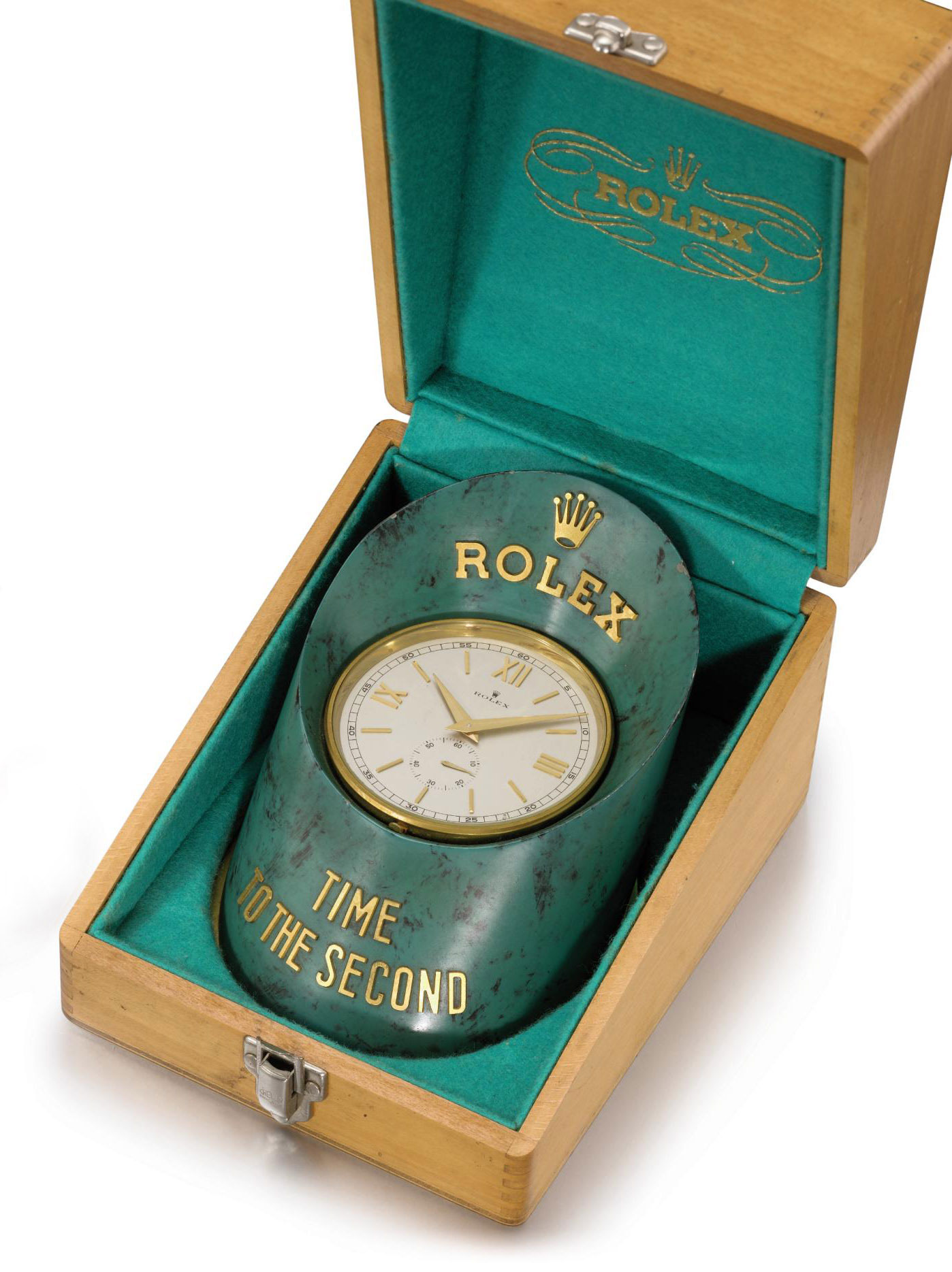 Rolex. A gilt brass and painted hoofshaped display desk clock with