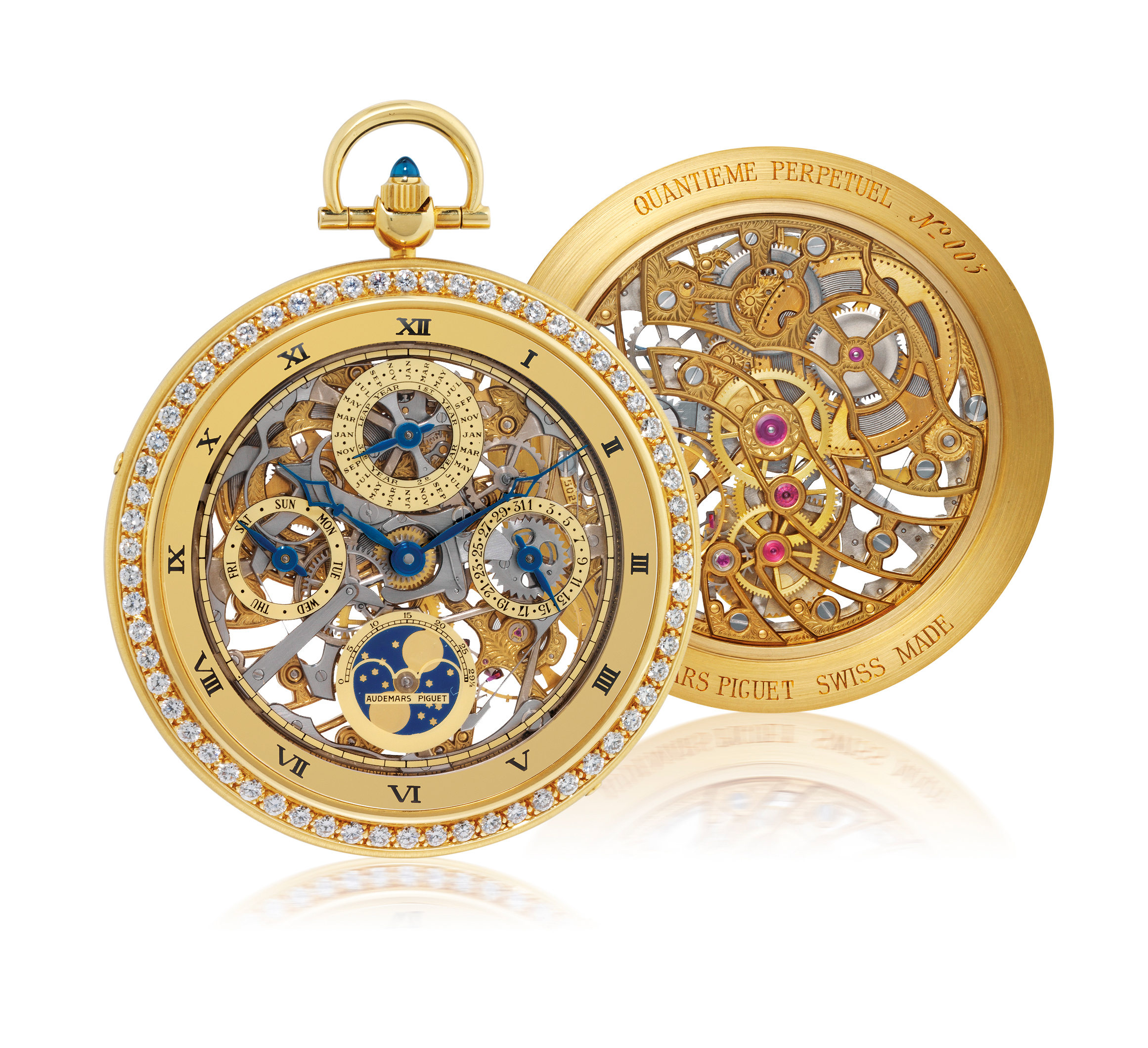 AUDEMARS PIGUET, SKELETON PERPETUAL RARE YELLOW GOLD AND DIAMONDSET