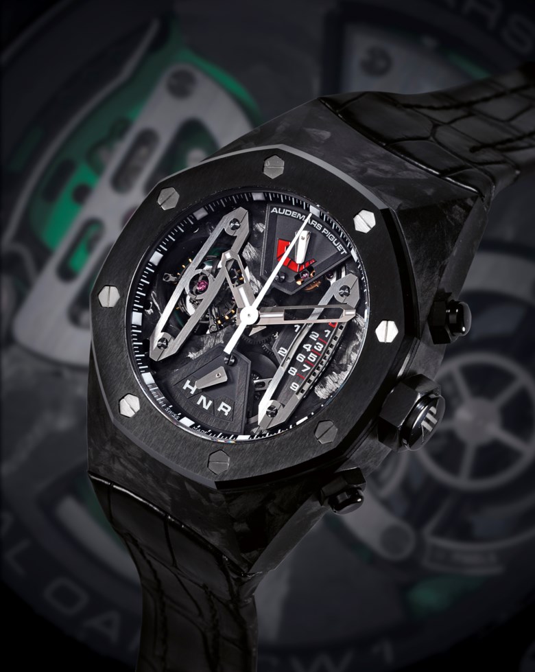 Audemars Piguet. Royal Oak Carbon Concept, c. 2008. Titanium, carbon and ceramic manually wound tourbillon chronograph wristwatch, no. 88. Sold for HK$1,580,000 on 2 June 2010 at Christie’s in Hong Kong