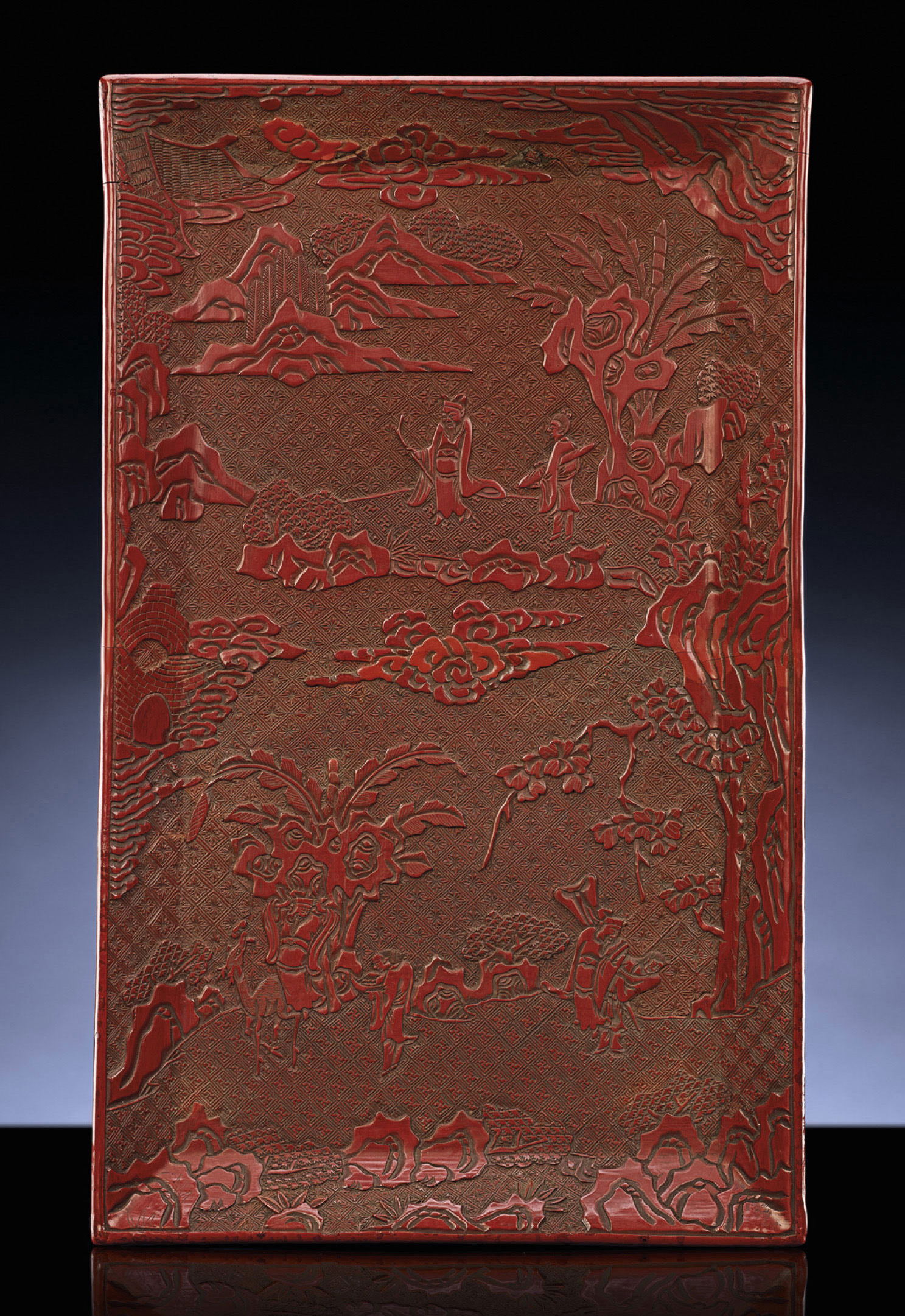 A FINELY CARVED CINNABAR LACQUER RECTANGULAR TRAY
