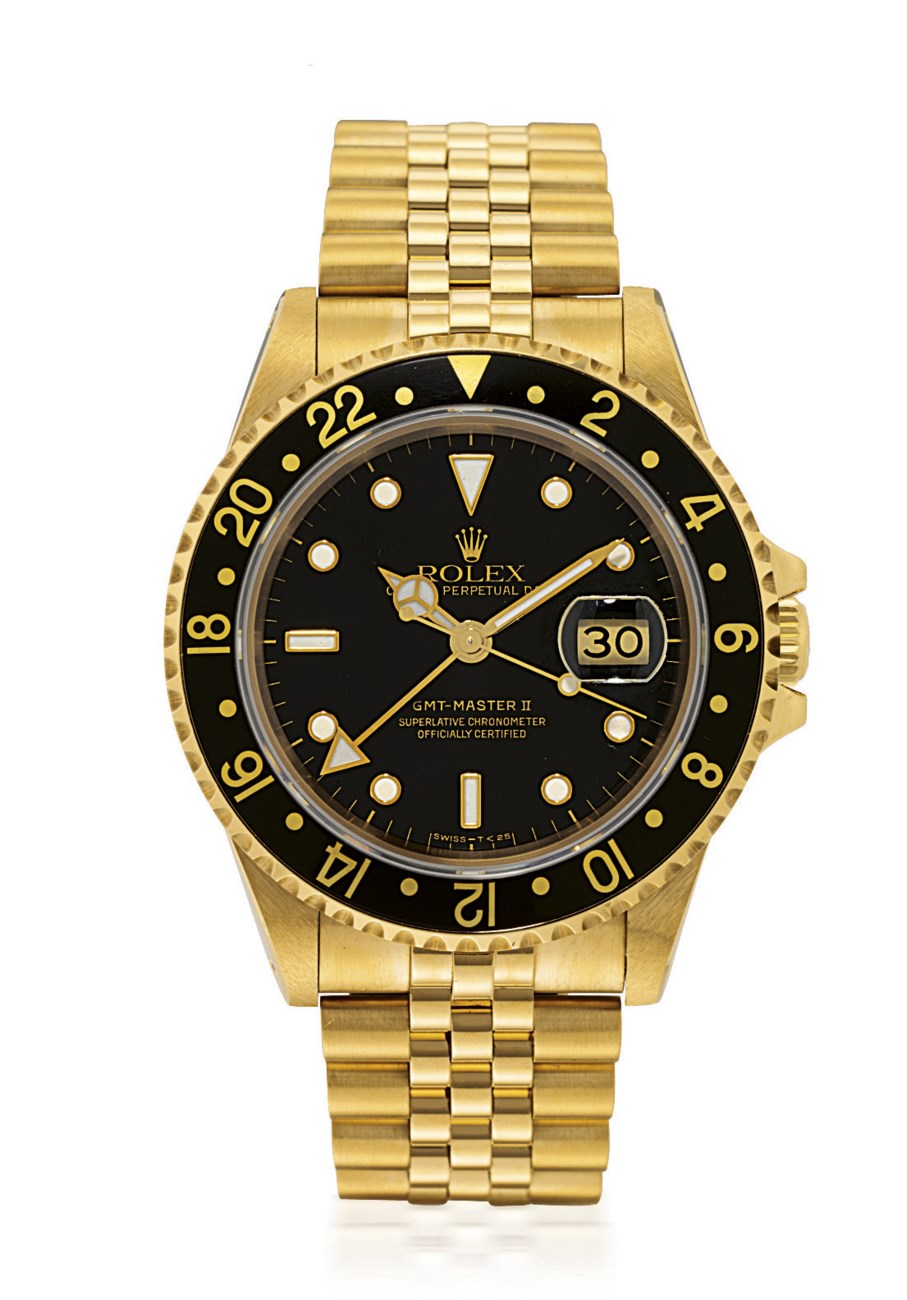 ROLEX, GMT MASTER II, REF. 16718 YELLOW GOLD AUTOMATIC WRISTWATCH WITH