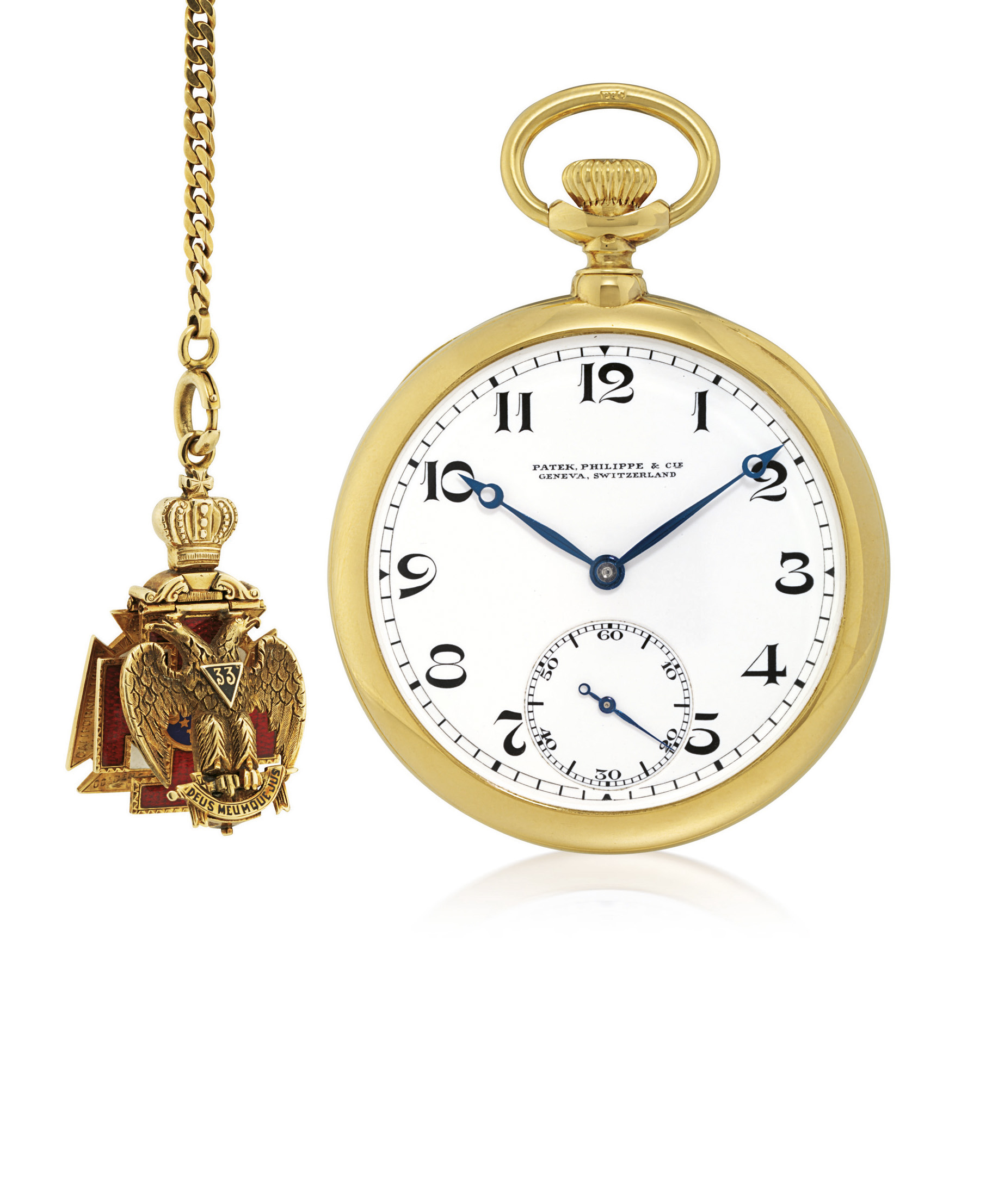 PATEK PHILIPPE PINK GOLD OPENFACE KEYLESS LEVER POCKET WATCH WITH CHAIN