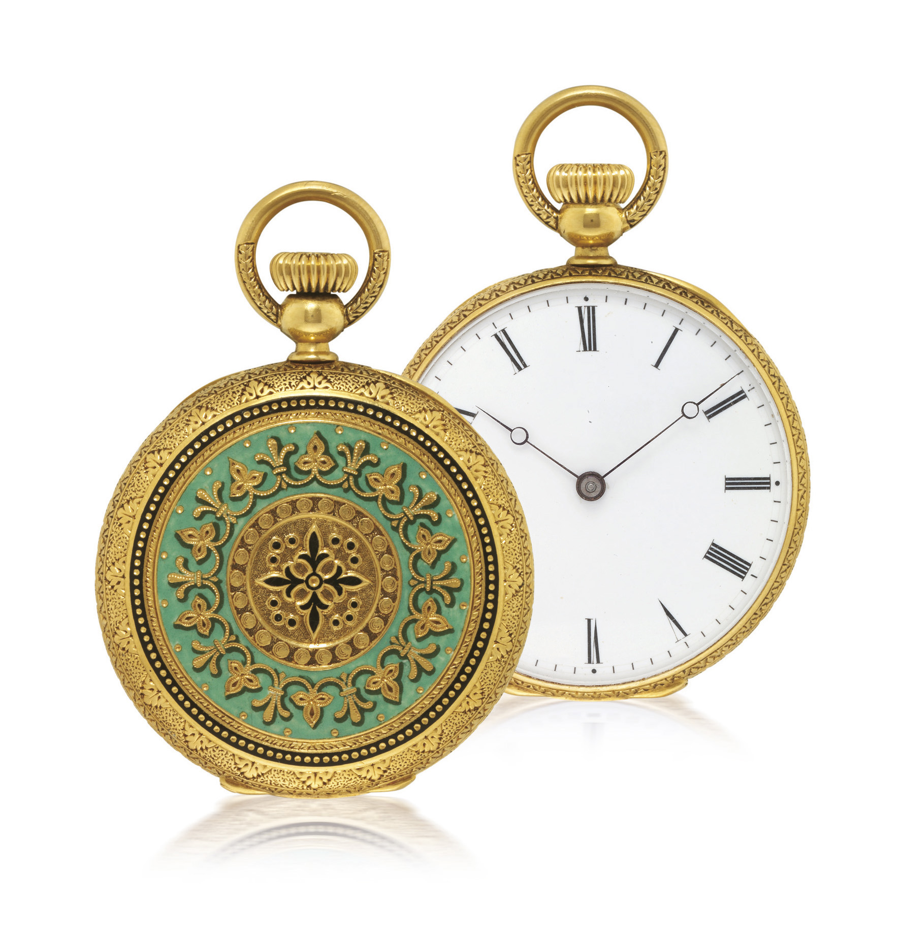 PATEK PHILIPPE YELLOW GOLD AND ENAMEL OPEN FACED KEYLESS LEVER POCKET