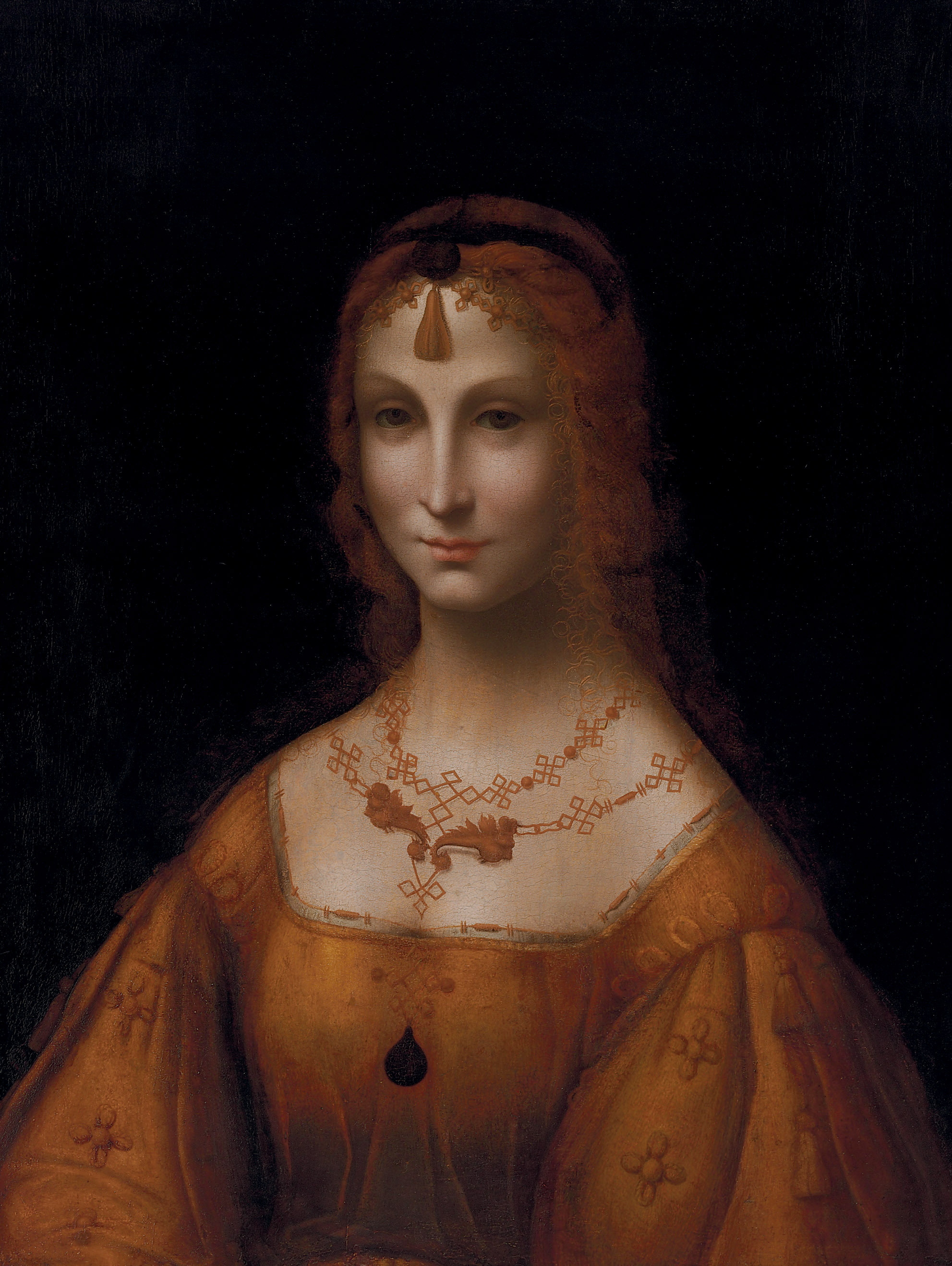 Portrait of a young lady in a gold silk dress 
